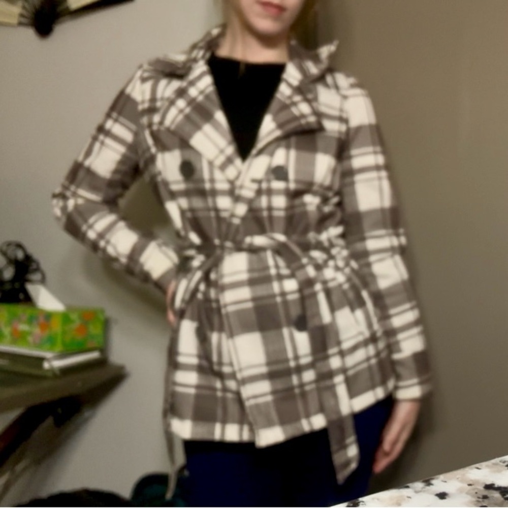 Grey and White Plaid Trench Coat - Size Medium